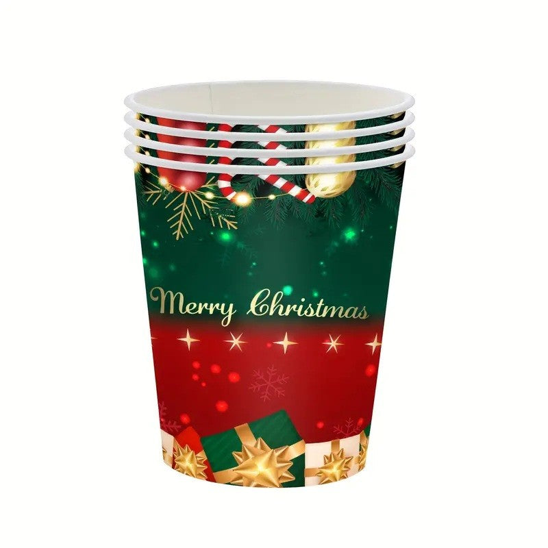Set 16 Pahare de Unica Folosinta pentru Craciun, Model Merry Christmas, Hartie Biodegradabila, Capacitate 250 ml, Inaltime 9.14 cm, Rosu si Verde
