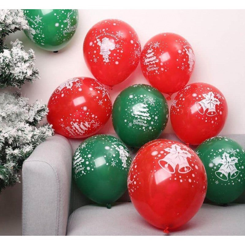 Set 16 Baloane Craciun, Model Merry Christmas, Imprimeu Festiv Brad si Fulgi Zapada, Latex de Calitate, 25 cm, Verde si Rosu