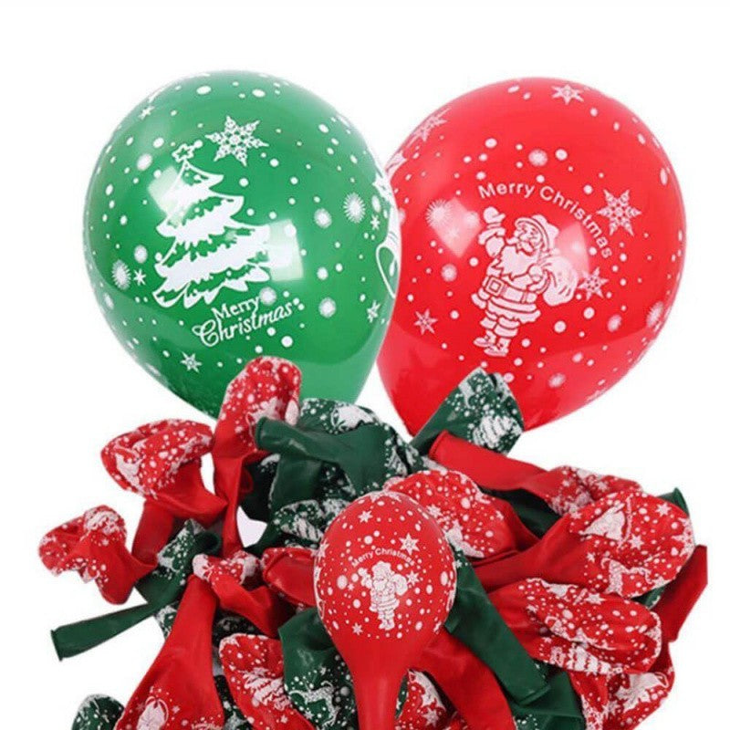 Set 16 Baloane Craciun, Model Merry Christmas, Imprimeu Festiv Brad si Fulgi Zapada, Latex de Calitate, 25 cm, Verde si Rosu