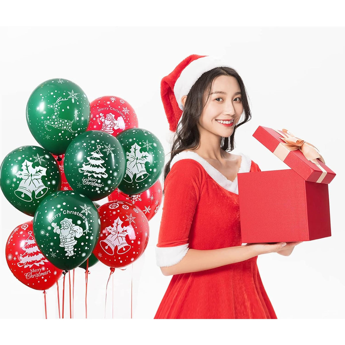 Set 16 Baloane Craciun, Model Merry Christmas, Imprimeu Festiv Brad si Fulgi Zapada, Latex de Calitate, 25 cm, Verde si Rosu