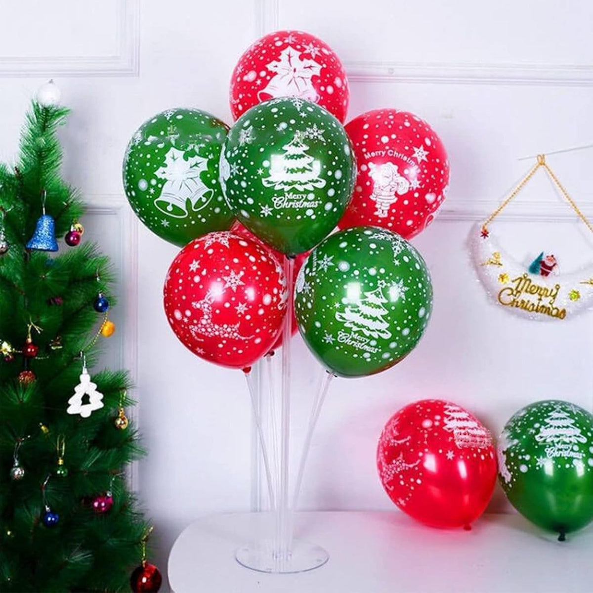 Set 16 Baloane Craciun, Model Merry Christmas, Imprimeu Festiv Brad si Fulgi Zapada, Latex de Calitate, 25 cm, Verde si Rosu