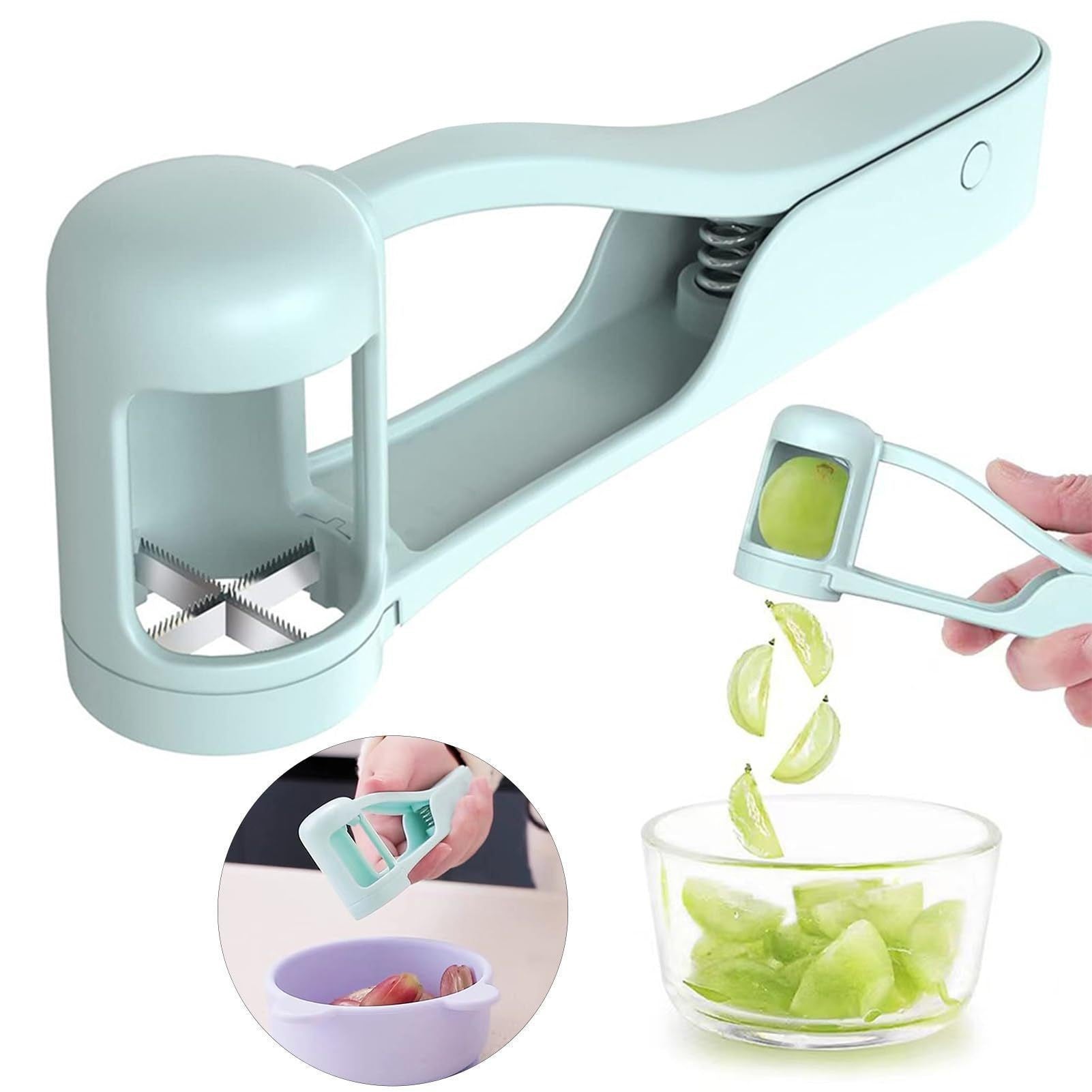 Tăietor de Struguri Manual, Dispozitiv pentru Feliat Fructe Mici cu Lame din Oțel Inoxidabil și Mâner Ergonomic, Plastic, 16.5x5.5 cm, Albastru Deschis