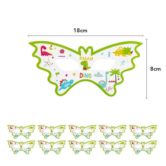 Set 10 Masti Decorative Dino Park Pentru Petreceri Copii, Accesorii Tematice Cu Dinozauri, Carton, 18 x 8 cm, Multicolor