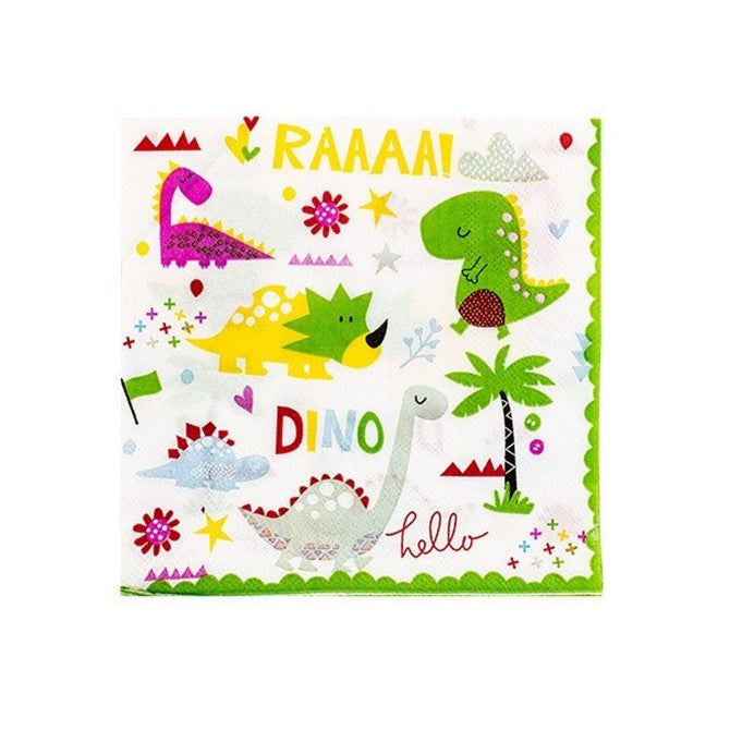Set 20 Servetele de Masa pentru Petrecere, Colectia Dino Park cu Design Dinozauri, Hartie Rezistenta, 17 x 17 cm, Multicolor