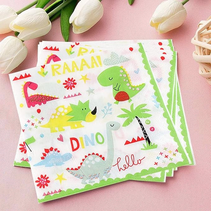 Set 20 Servetele de Masa pentru Petrecere, Colectia Dino Park cu Design Dinozauri, Hartie Rezistenta, 17 x 17 cm, Multicolor