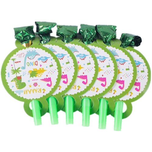 Set 6 Suflatori Dino Park Pentru Petrecere Copii, Accesorii Tematice Dinozauri, Carton si Plastic, 12 x 7 cm, Multicolor