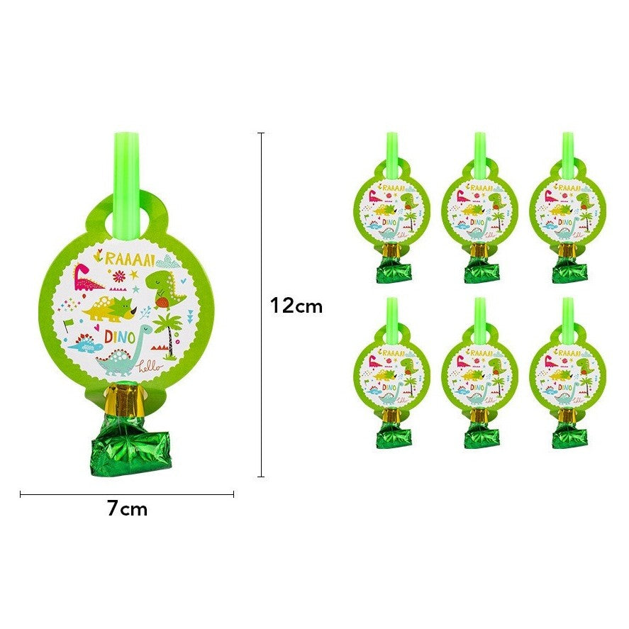 Set 6 Suflatori Dino Park Pentru Petrecere Copii, Accesorii Tematice Dinozauri, Carton si Plastic, 12 x 7 cm, Multicolor