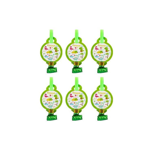 Set 6 Suflatori Dino Park Pentru Petrecere Copii, Accesorii Tematice Dinozauri, Carton si Plastic, 12 x 7 cm, Multicolor