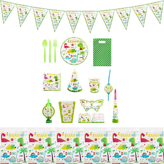 Set Accesorii Masa Petrecere Dino Park, 136 Piese pentru 10 Persoane, Tematica Dinozauri, Carton si Plastic, Multicolor