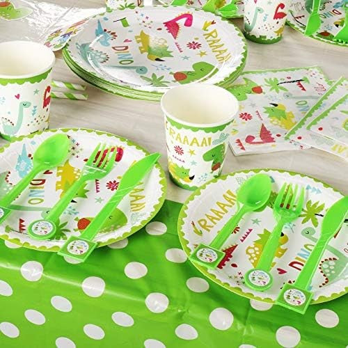 Set Accesorii Masa Petrecere Dino Park, 136 Piese pentru 10 Persoane, Tematica Dinozauri, Carton si Plastic, Multicolor