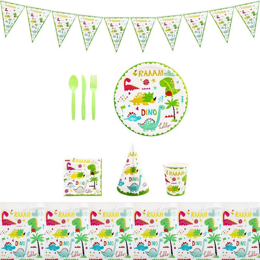 Set Complet Accesorii Masa Pentru Petrecere Tematica Dino Park, Set 82 Piese, Include Farfurii, Pahare, Tacamuri si Fata de Masa, Carton si Plastic, Multicolor