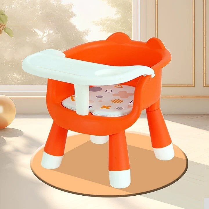 Scaun de Masa pentru Copii 2 in 1, Functie Muzicala si Tavita Detasabila, Spatar Ergonomic, Plastic PP si Baza Antiderapanta, Inaltime 36 cm, Portocaliu