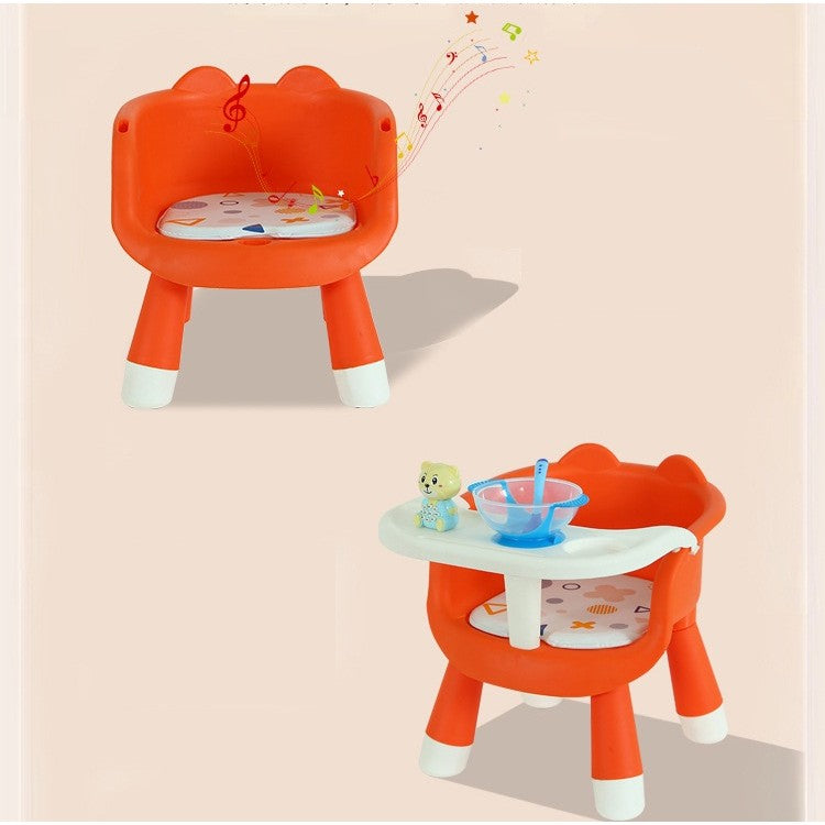 Scaun de Masa pentru Copii 2 in 1, Functie Muzicala si Tavita Detasabila, Spatar Ergonomic, Plastic PP si Baza Antiderapanta, Inaltime 36 cm, Portocaliu