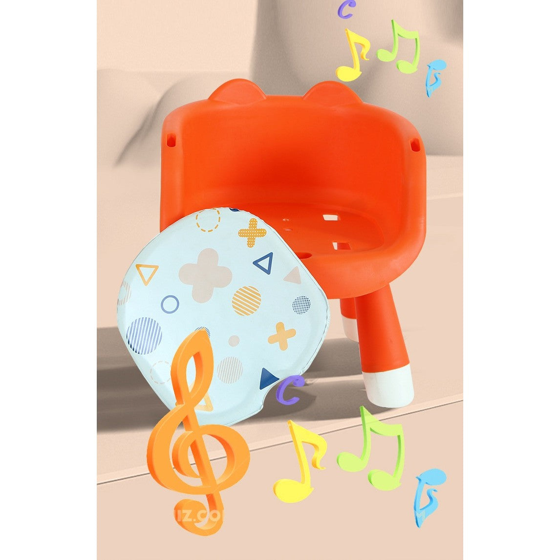 Scaun de Masa pentru Copii 2 in 1, Functie Muzicala si Tavita Detasabila, Spatar Ergonomic, Plastic PP si Baza Antiderapanta, Inaltime 36 cm, Portocaliu