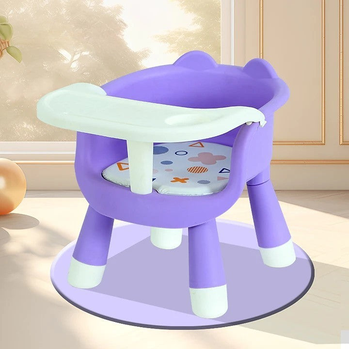 Scaun de Masa pentru Copii 2 in 1, Functie Muzicala si Tavita Detasabila, Spatar Ergonomic si Baza Antiderapanta, Plastic PP, Inaltime 36 cm, Mov, +6 Luni