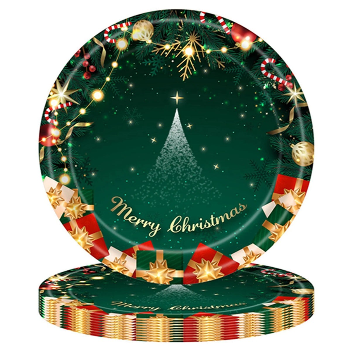 Set 16 Farfurii de Unica Folosinta pentru Craciun, Model Brad si Mesaj Merry Christmas, Carton Ecologic, 18 cm, Verde