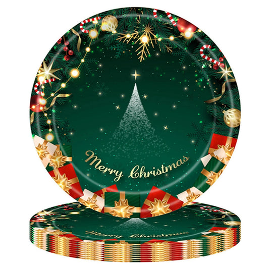 Set 16 Farfurii de Unica Folosinta pentru Craciun, Model Brad si Mesaj Merry Christmas, Carton Ecologic, 18 cm, Verde