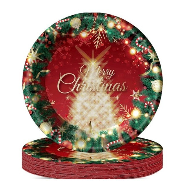 Set 16 Farfurii de Unica Folosinta pentru Craciun, Model Brad si Mesaj Merry Christmas, Hartie Ecologica, Diametru 23 cm, Rosu si Verde
