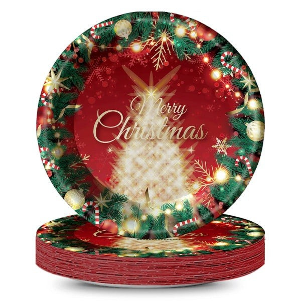 Set 16 Farfurii de Unica Folosinta pentru Craciun, Model Brad si Mesaj Merry Christmas, Hartie Ecologica, Diametru 23 cm, Rosu si Verde