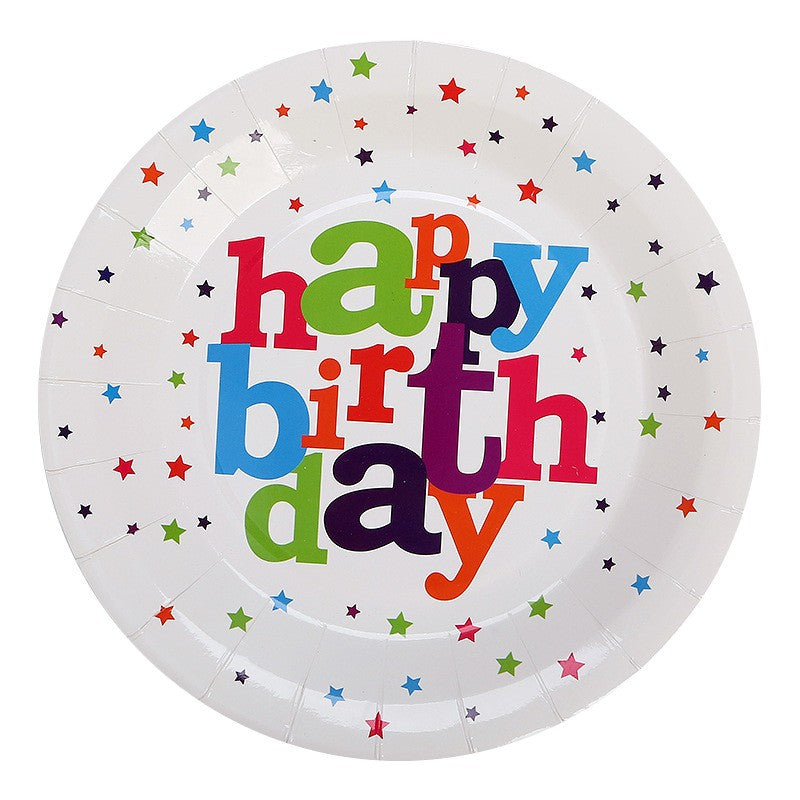 Set 6 Farfurii Unică Folosință Happy Birthday, Farfurii Petrecere Aniversară, Carton Laminat Rezistent, 23 cm, Multicolor