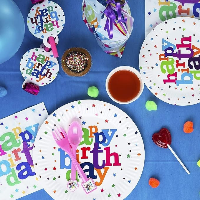 Set 6 Farfurii Unică Folosință Happy Birthday, Farfurii Petrecere Aniversară, Carton Laminat Rezistent, 23 cm, Multicolor