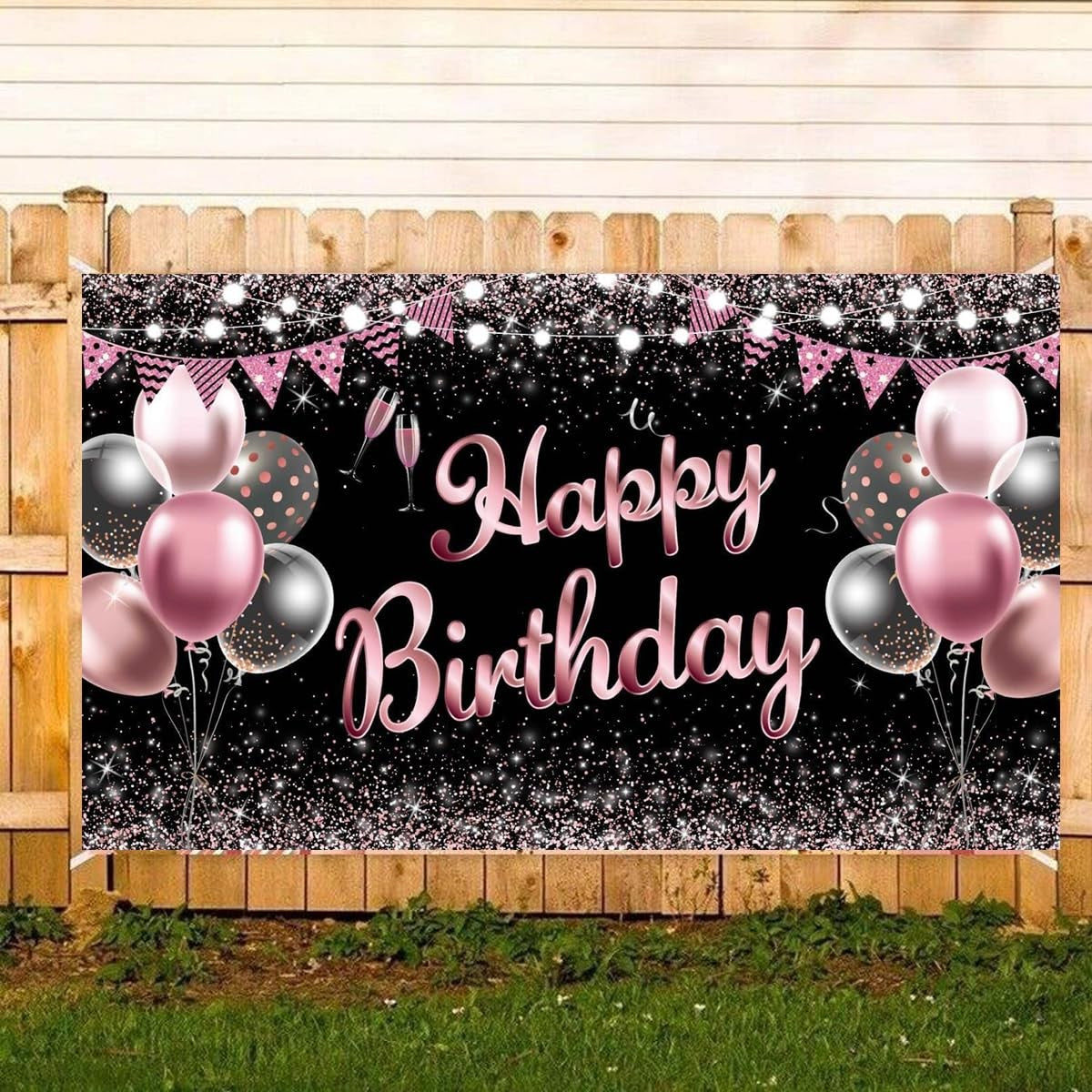 Banner Tip Fundal Foto Happy Birthday, Decor Aniversar cu Imprimare Digitala, Panza Poliester Rezistenta, Include Sfoara 6 m si Inele de Prindere, 185 x 110 cm, Negru/Roz/Argintiu