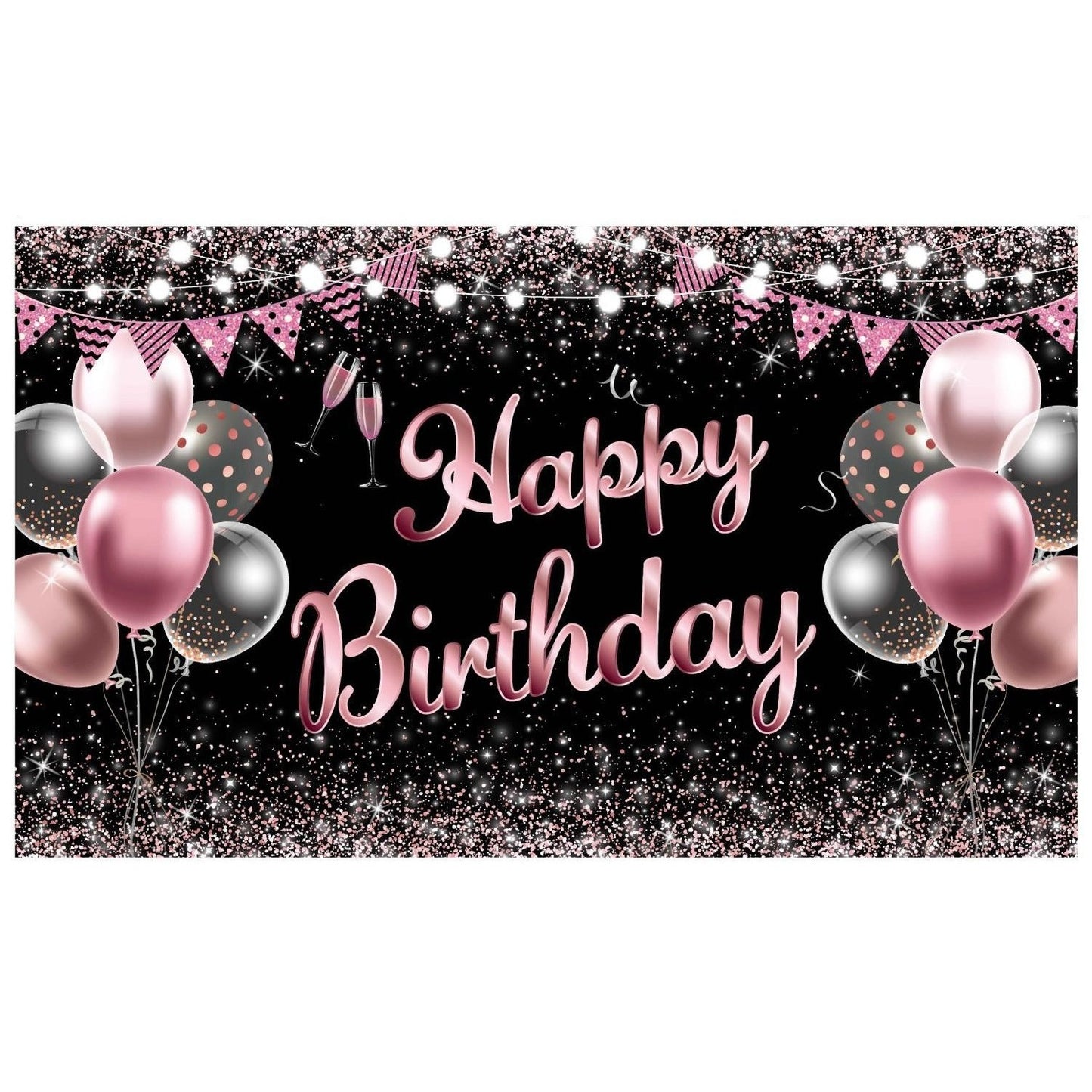 Banner Tip Fundal Foto Happy Birthday, Decor Aniversar cu Imprimare Digitala, Panza Poliester Rezistenta, Include Sfoara 6 m si Inele de Prindere, 185 x 110 cm, Negru/Roz/Argintiu