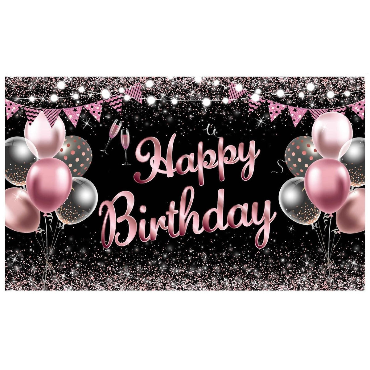 Banner Tip Fundal Foto Happy Birthday, Decor Aniversar cu Imprimare Digitala, Panza Poliester Rezistenta, Include Sfoara 6 m si Inele de Prindere, 185 x 110 cm, Negru/Roz/Argintiu