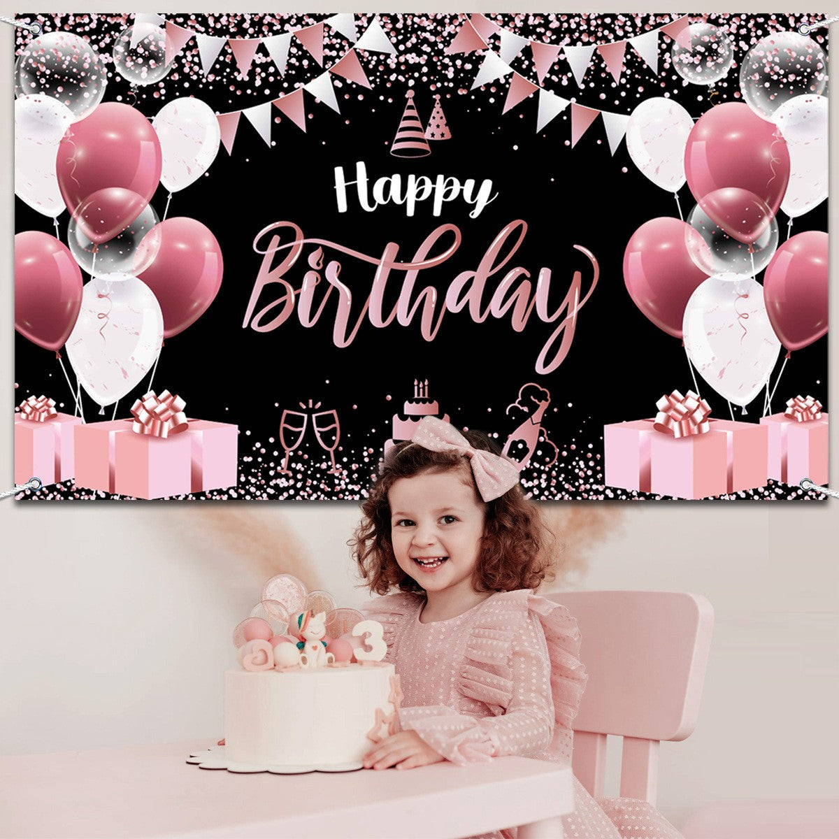 Banner Tip Fundal Foto Happy Birthday, Decor Aniversar cu Imprimare Digitala, Panza Poliester Rezistenta, Include Sfoara 6 m si Inele de Prindere, 185 x 110 cm, Negru/Roz/Argintiu
