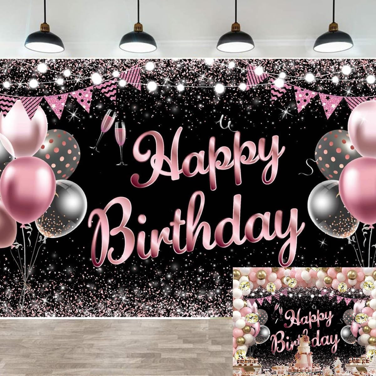 Banner Tip Fundal Foto Happy Birthday, Decor Aniversar cu Imprimare Digitala, Panza Poliester Rezistenta, Include Sfoara 6 m si Inele de Prindere, 185 x 110 cm, Negru/Roz/Argintiu
