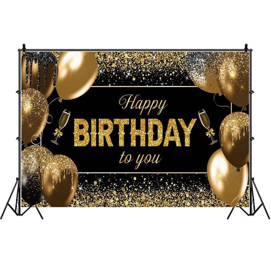 Banner Tip Fundal Foto Happy Birthday, Panou Decorativ Aniversare, Poliester cu Prindere in 4 Colturi si Sfoara 6 m, 185 x 110 cm, Negru/Auriu