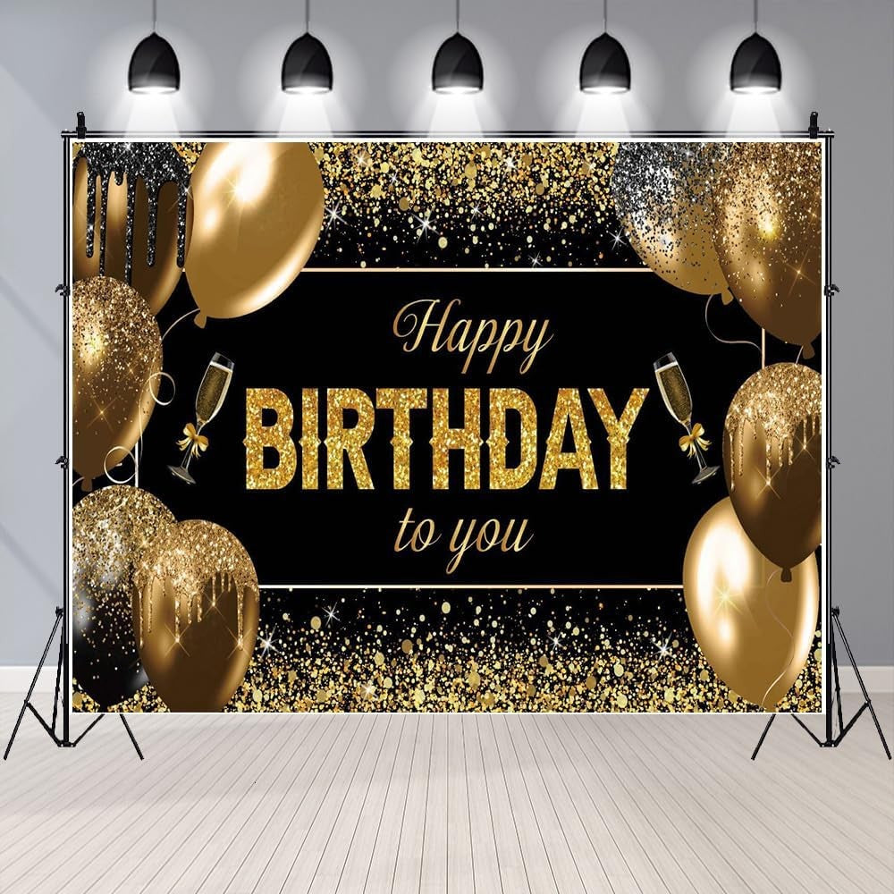 Banner Tip Fundal Foto Happy Birthday, Panou Decorativ Aniversare, Poliester cu Prindere in 4 Colturi si Sfoara 6 m, 185 x 110 cm, Negru/Auriu