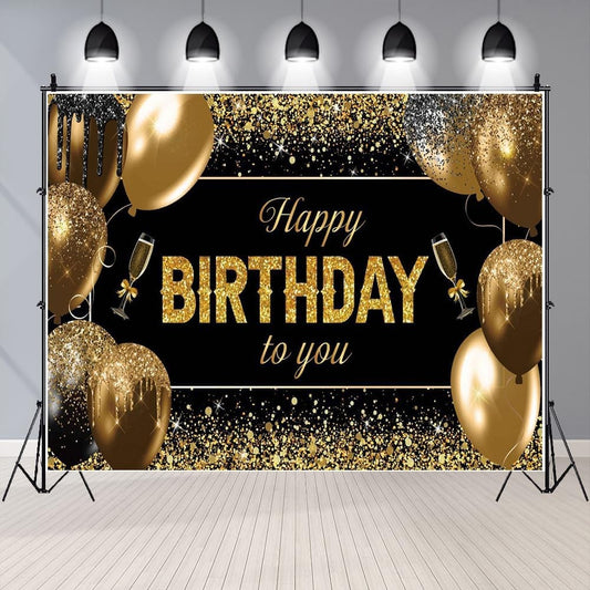 Banner Tip Fundal Foto Happy Birthday, Panou Decorativ Aniversare, Poliester cu Prindere in 4 Colturi si Sfoara 6 m, 185 x 110 cm, Negru/Auriu