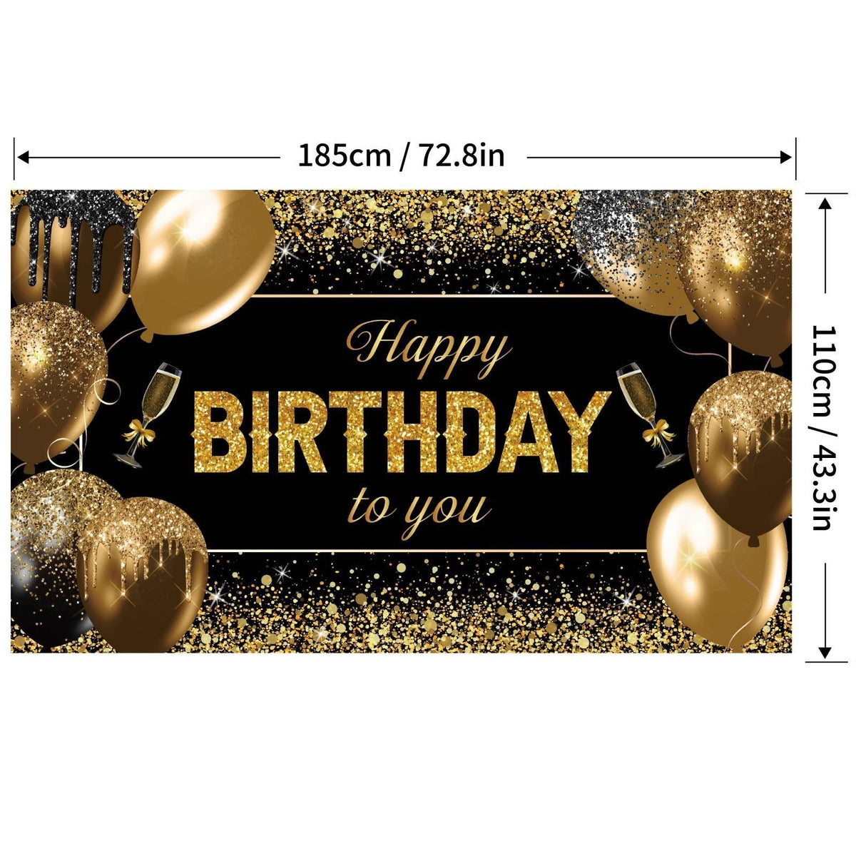 Banner Tip Fundal Foto Happy Birthday, Panou Decorativ Aniversare, Poliester cu Prindere in 4 Colturi si Sfoara 6 m, 185 x 110 cm, Negru/Auriu