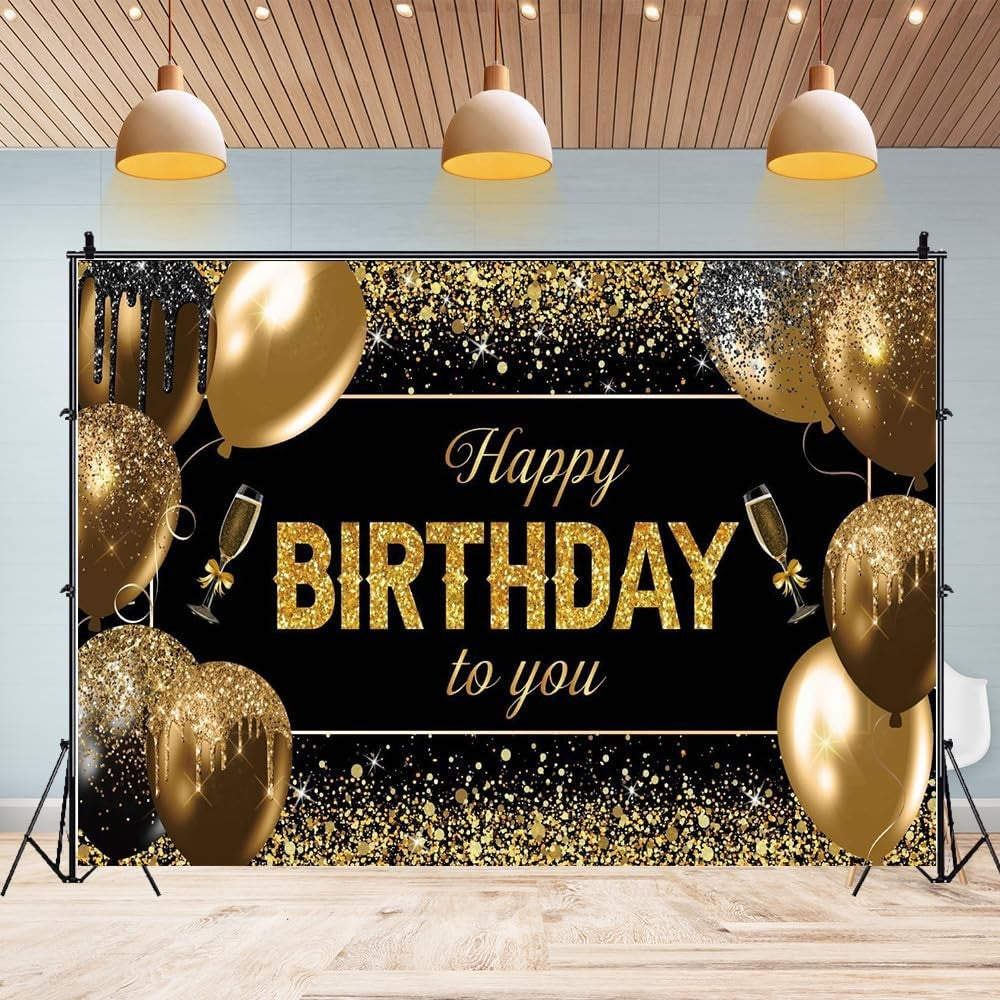 Banner Tip Fundal Foto Happy Birthday, Panou Decorativ Aniversare, Poliester cu Prindere in 4 Colturi si Sfoara 6 m, 185 x 110 cm, Negru/Auriu