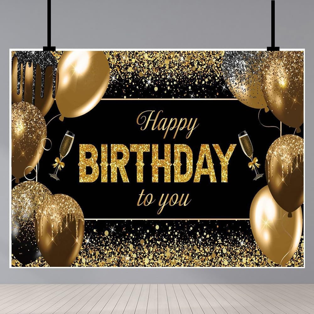 Banner Tip Fundal Foto Happy Birthday, Panou Decorativ Aniversare, Poliester cu Prindere in 4 Colturi si Sfoara 6 m, 185 x 110 cm, Negru/Auriu