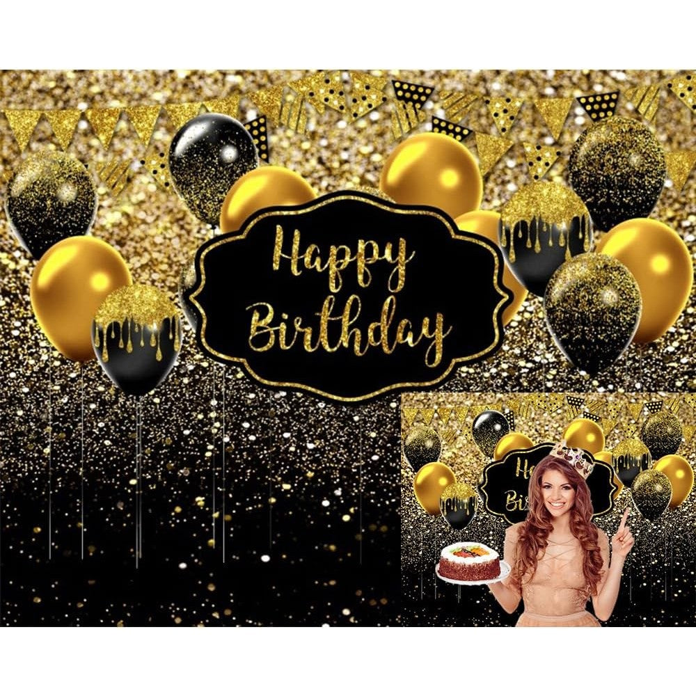 Banner Tip Fundal Foto Pentru Aniversare, Decor Happy Birthday, Panza Poliester Rezistenta, Include Sfoara 6 m, 185 x 110 cm, Negru/Auriu