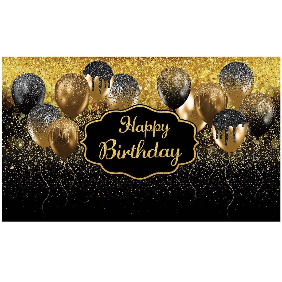 Banner Tip Fundal Foto Pentru Aniversare, Decor Happy Birthday, Panza Poliester Rezistenta, Include Sfoara 6 m, 185 x 110 cm, Negru/Auriu