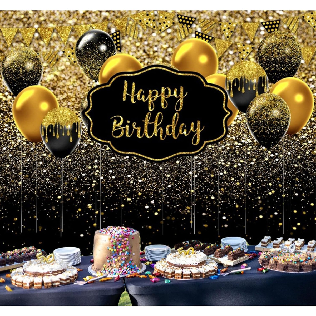 Banner Tip Fundal Foto Pentru Aniversare, Decor Happy Birthday, Panza Poliester Rezistenta, Include Sfoara 6 m, 185 x 110 cm, Negru/Auriu