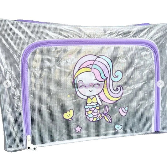 Cutie Depozitare Jucarii si Haine pentru Camera Copiilor, Cadru Metalic si Fermoar, PVC Transparent, Model Sirena, 66 Litri, 50 x 40 x 33 cm