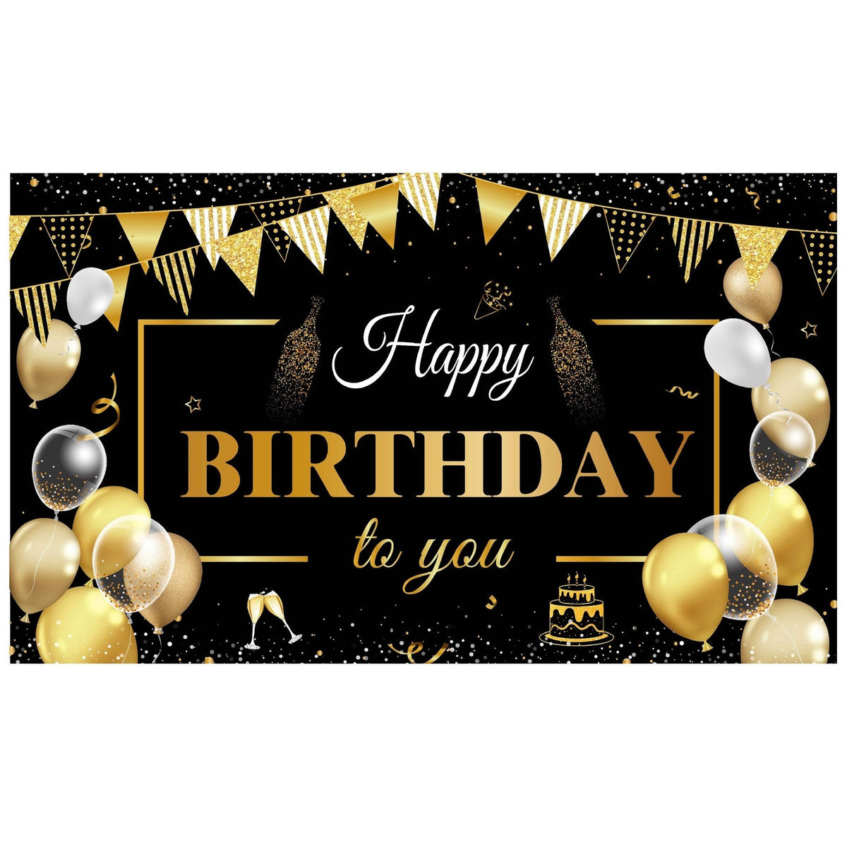 Banner Tip Fundal Foto Happy Birthday, Panou Decorativ Aniversare, Poliester Rezistent cu Sfoara 6 m si Inele de Prindere, 185 x 110 cm, Negru/Auriu