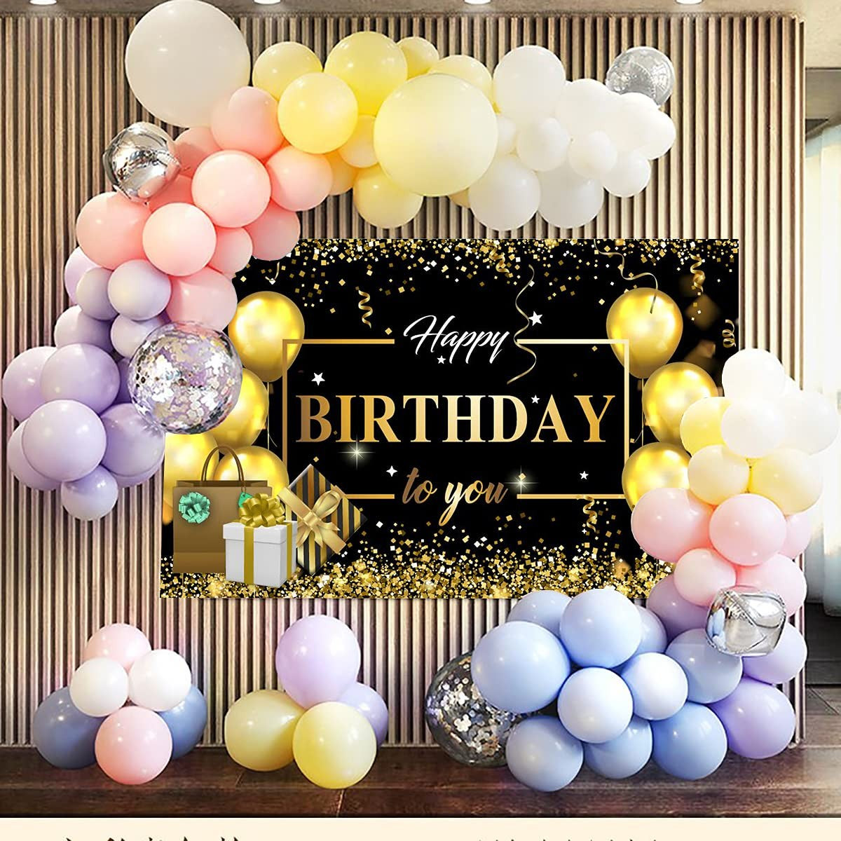 Banner Tip Fundal Foto Happy Birthday, Panou Decorativ Aniversare, Poliester Rezistent cu Sfoara 6 m si Inele de Prindere, 185 x 110 cm, Negru/Auriu