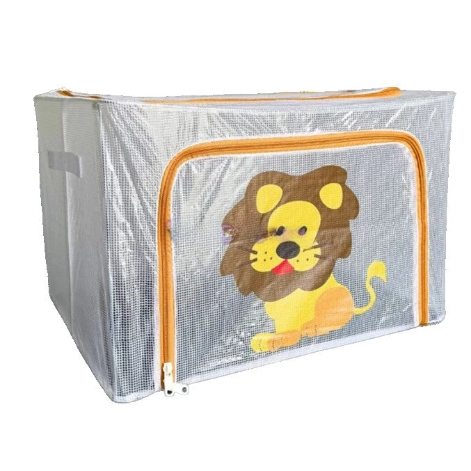 Cutie Depozitare Jucării și Haine, Organizator Camera Copiilor cu Cadru Metalic și Fermoar, PVC Transparent, Model Leu, 66L, 50 x 40 x 33 cm