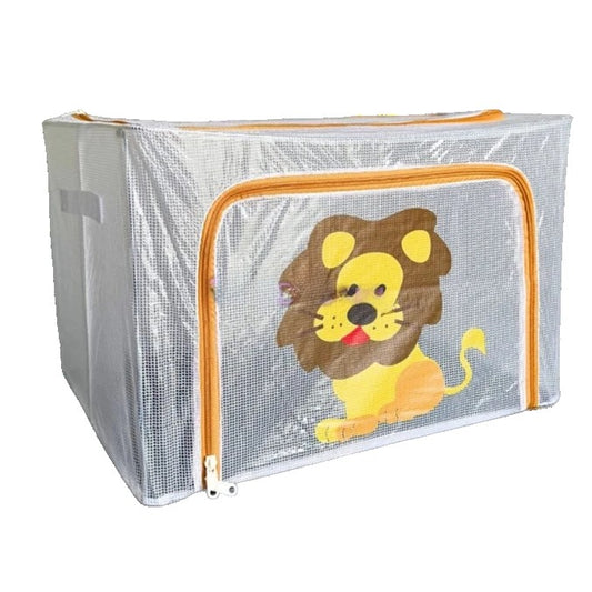 Cutie Depozitare Jucării și Haine, Organizator Camera Copiilor cu Cadru Metalic și Fermoar, PVC Transparent, Model Leu, 66L, 50 x 40 x 33 cm