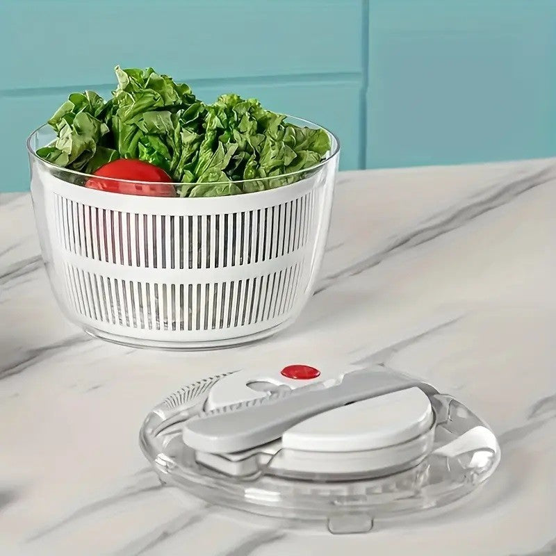 Uscător Manual pentru Salată și Verdețuri, Centrifugă de Legume cu Buton Stop și Evacuare Apă, Plastic ABS, Capacitate 3L, 16x15x21 cm, Alb