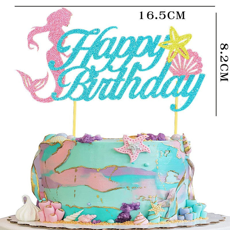 Set Toppere Tort si Prajituri, Tematica Sirena, Mesaj Happy Birthday si Modele Marine, Carton Rezistent, 7 Piese, Multicolor, 16.5x8.2 cm si 5x5 cm