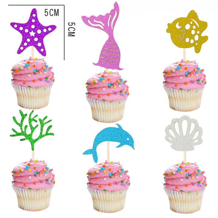 Set Toppere Tort si Prajituri, Tematica Sirena, Mesaj Happy Birthday si Modele Marine, Carton Rezistent, 7 Piese, Multicolor, 16.5x8.2 cm si 5x5 cm