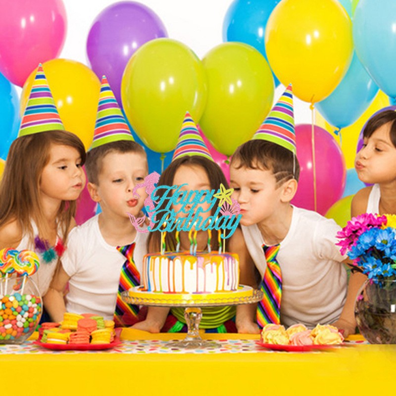 Set Toppere Tort si Prajituri, Tematica Sirena, Mesaj Happy Birthday si Modele Marine, Carton Rezistent, 7 Piese, Multicolor, 16.5x8.2 cm si 5x5 cm