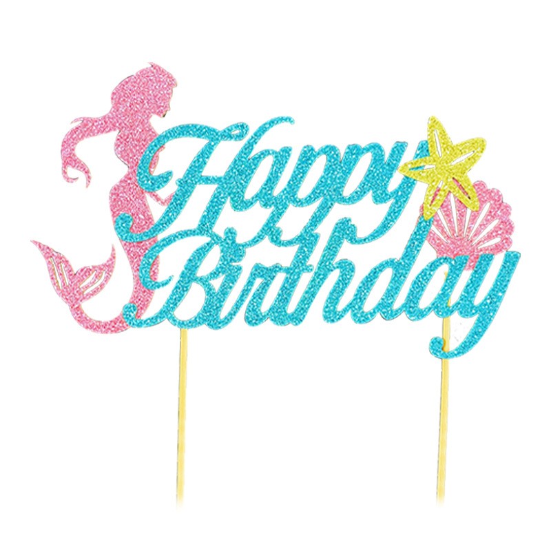 Set Toppere Tort si Prajituri, Tematica Sirena, Mesaj Happy Birthday si Modele Marine, Carton Rezistent, 7 Piese, Multicolor, 16.5x8.2 cm si 5x5 cm