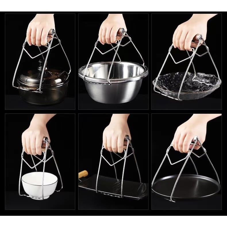 Clemă pentru Boluri și Vase Fierbinți, Cleste Antialunecare Rezistent la Căldură, Oțel Inoxidabil, Design Ergonomic pentru Oale și Tigăi, 19.5x9.8x8 cm, Gri/Maro